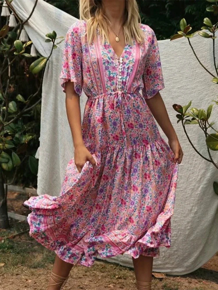 Dreamy Rose Pink Boho Floral Print Maxi Dress