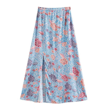Blooming Blue Boho Floral Midi Skirt