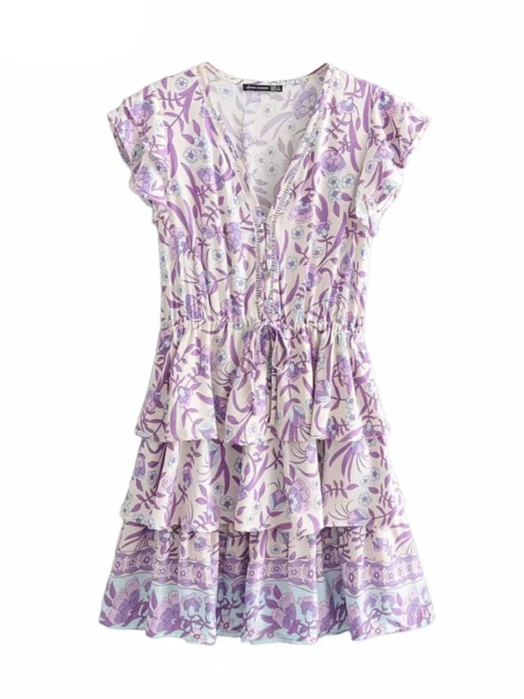 Sweet Violet Daydream Boho Floral Print Mini Dress