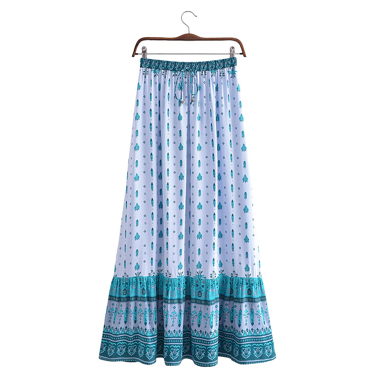 Ethereal Gypsy Feather Floral Print Boho Maxi Skirt