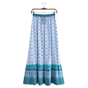 Ethereal Gypsy Feather Floral Print Boho Maxi Skirt