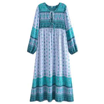 Ethereal Gypsy Feather Boho Floral Long Sleeve Maxi Dress