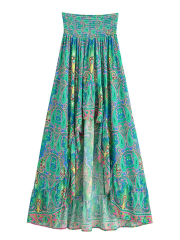 Mystic Green Boho Paisley Print High-Low Maxi Skirt