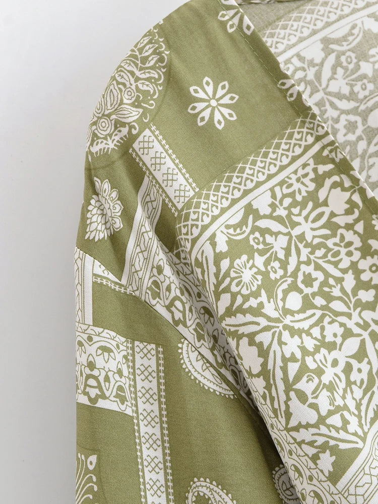 Sage Serenade Boho Floral Print Long Sleeve Crop Top