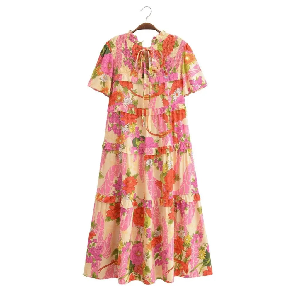 Paradise Sunset Boho Floral Print Midi Dress
