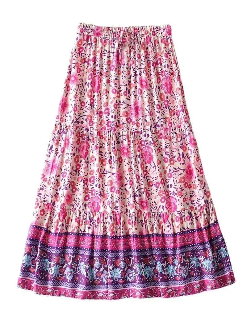 Pink Violet Floral Print Boho Maxi Skirt