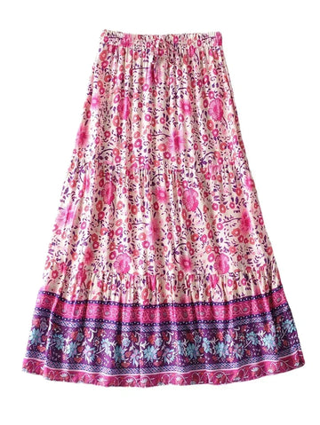 Pink Violet Floral Print Boho Maxi Skirt