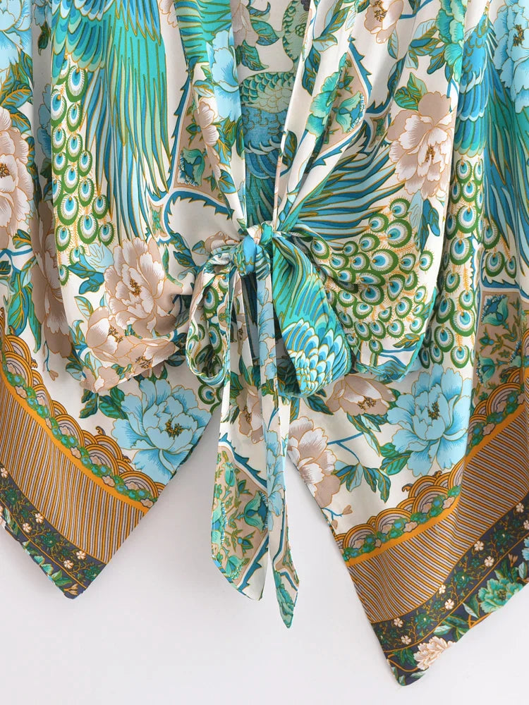 Emerald Peacock Boho Floral Print Crop Top