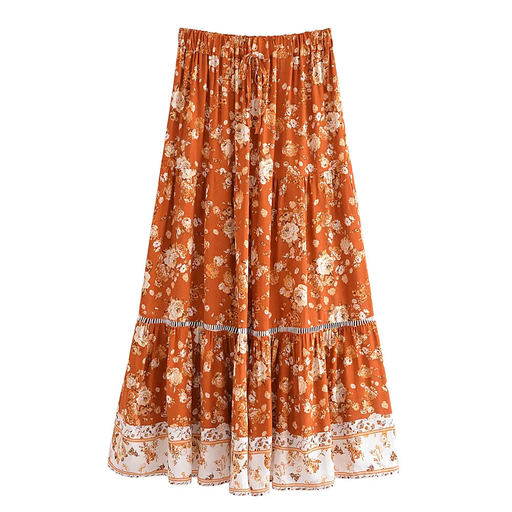 Amber Glow Floral Print Boho Maxi Skirt
