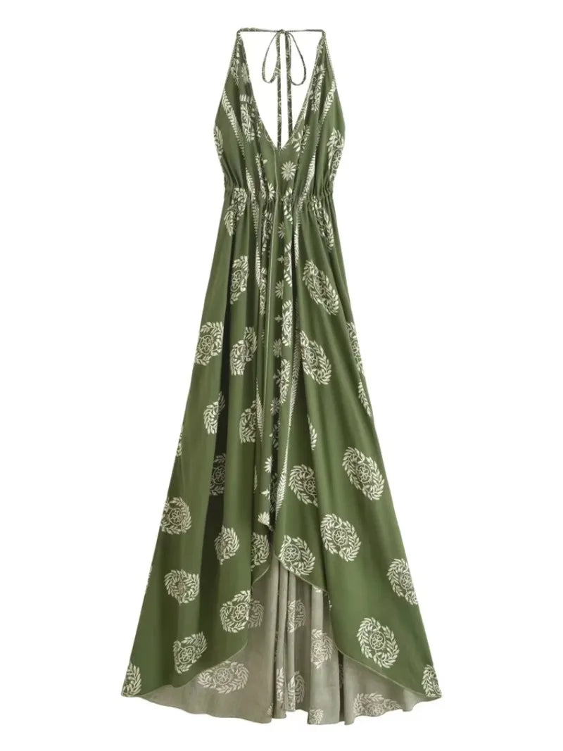 Sagewood Green Boho Floral Maxi Dress