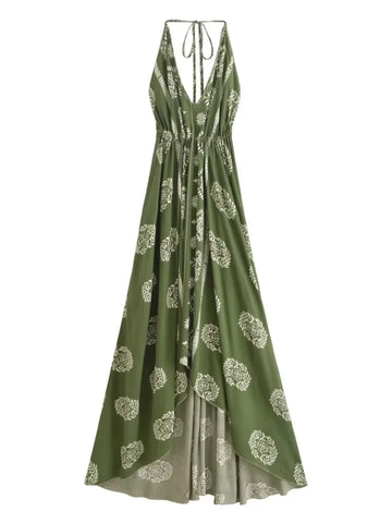 Sagewood Green Boho Floral Maxi Dress