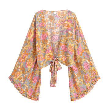 Retro Bloom Boho Floral Print Long Sleeve Crop Top