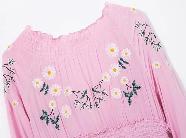 Pink Lilac Blossom Floral Embroidered Maxi Dress