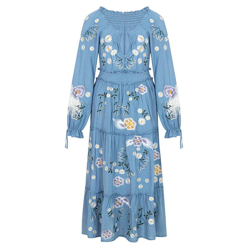 Blue Blossom Floral Embroidered Maxi Dress