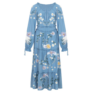 Blue Blossom Floral Embroidered Maxi Dress