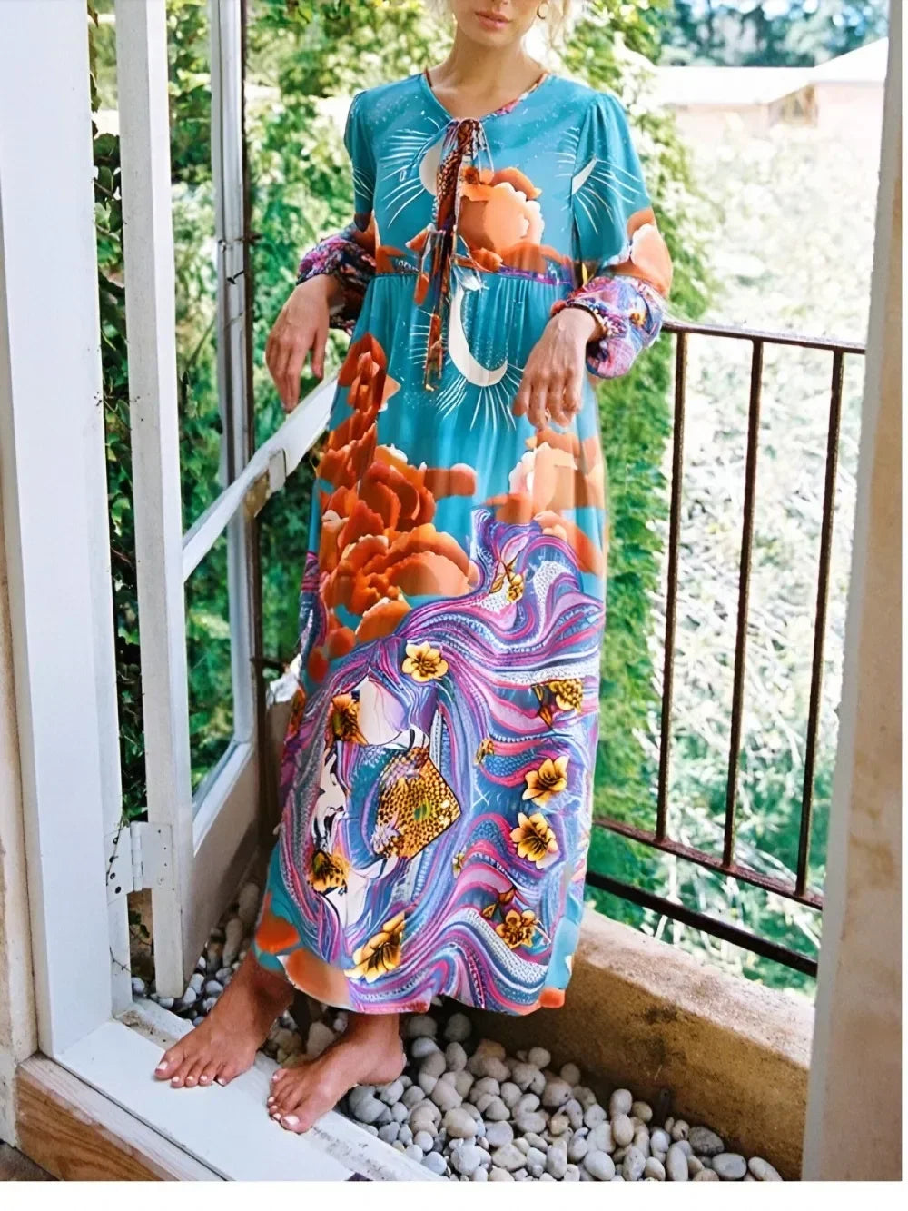 Moonstruck Teal Boho Floral Print Long Sleeve Maxi Dress