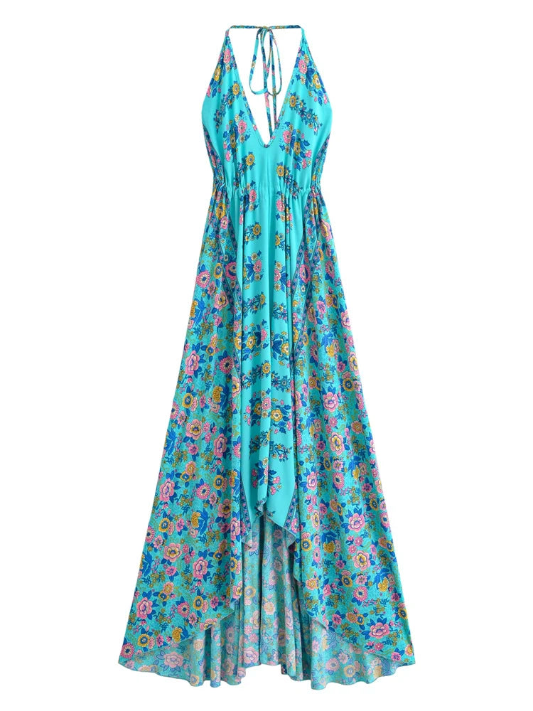 Turquoise Charm Boho Floral Print Maxi Dress