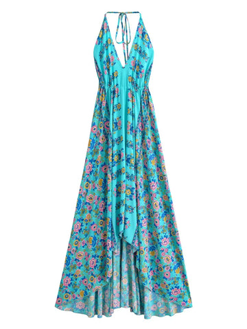 Turquoise Charm Boho Floral Print Maxi Dress