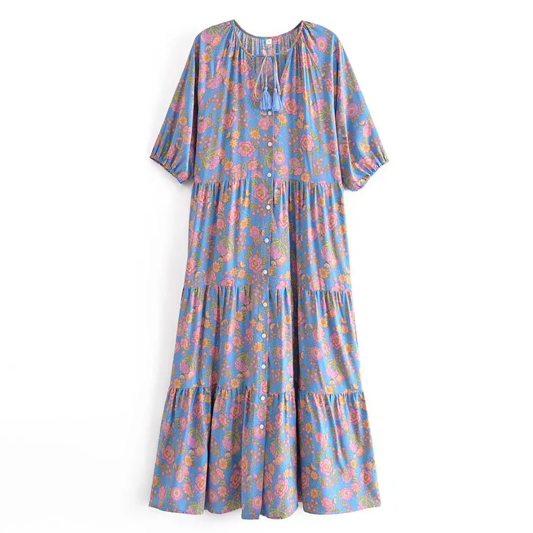Blue Blossom Boho Floral Print Maxi Dress