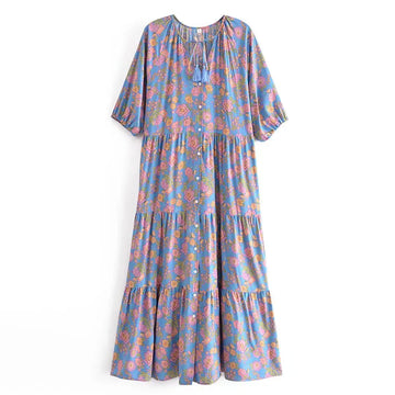 Blue Blossom Boho Floral Print Maxi Dress