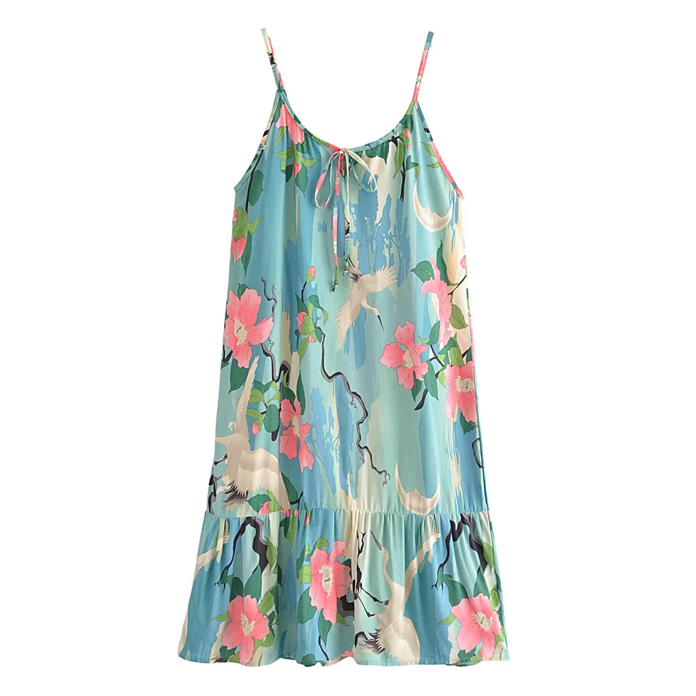 Moonlight Crane Boho Floral Print Midi Dress