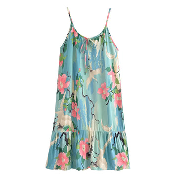 Moonlight Crane Boho Floral Print Midi Dress