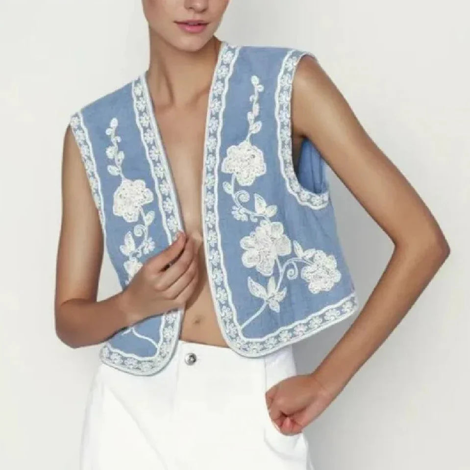 Crystal Bloom Boho Floral Embroidered Vest