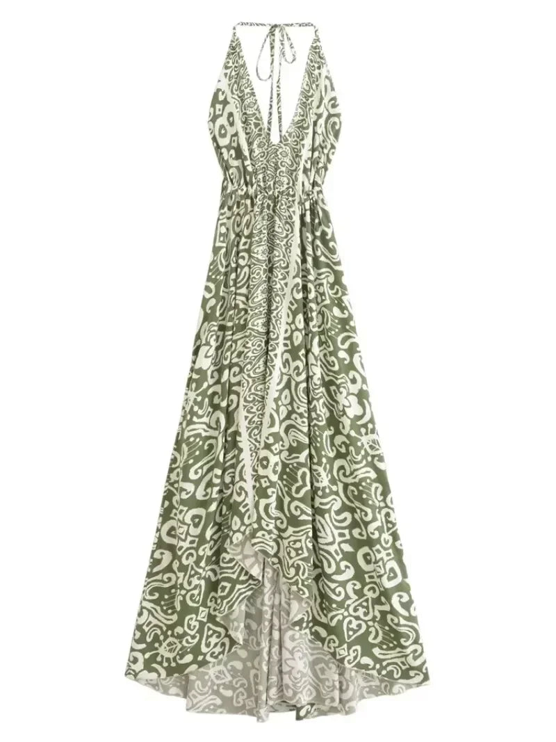 Sage Serenade Boho Floral Print Maxi Dress