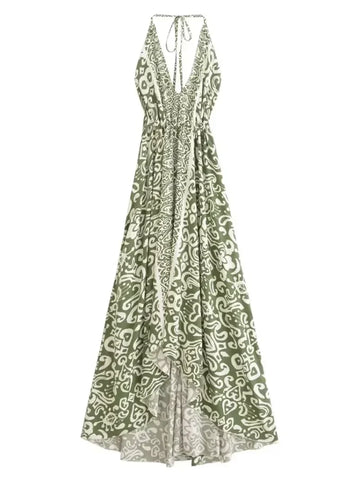 Sage Serenade Boho Floral Print Maxi Dress
