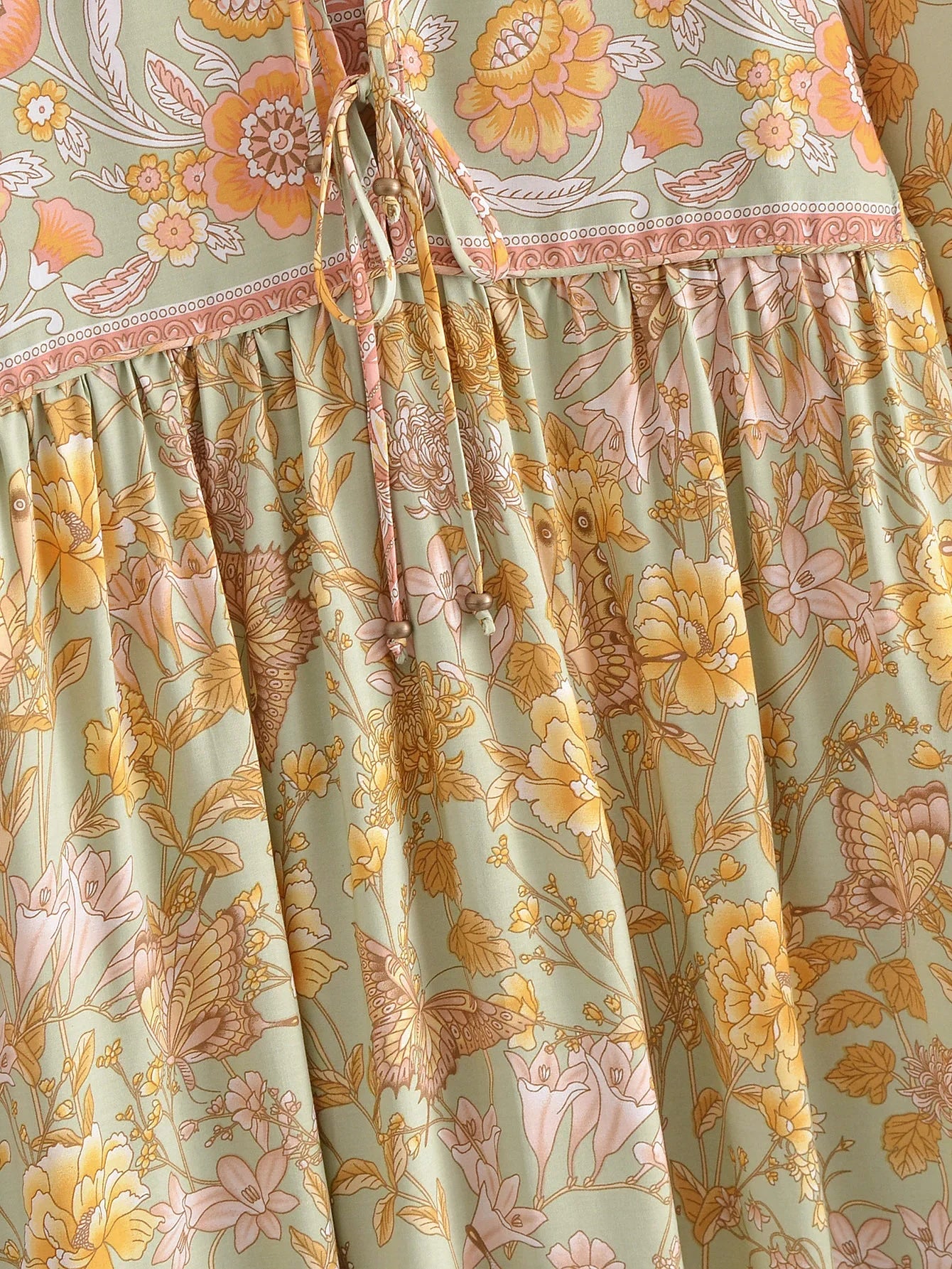 Green Butterfly Boho Floral Print Long Sleeve Maxi Dress