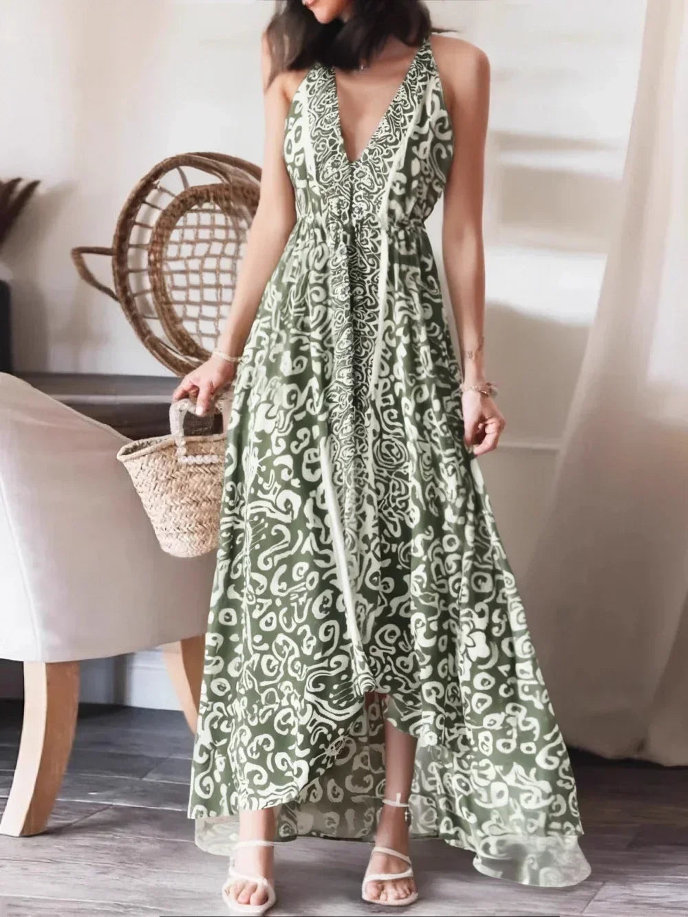 Sage Serenade Boho Floral Print Maxi Dress