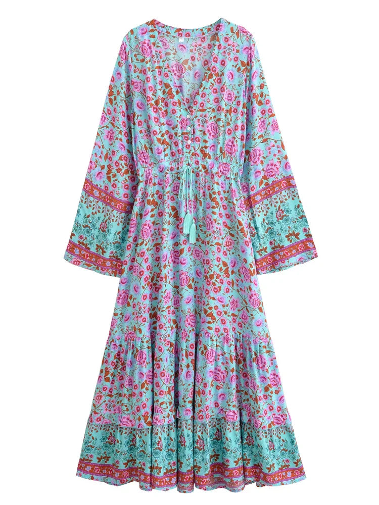 Blooming Rose Boho Floral Print Maxi Dress