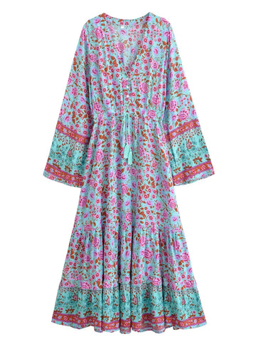 Blooming Rose Boho Floral Print Maxi Dress