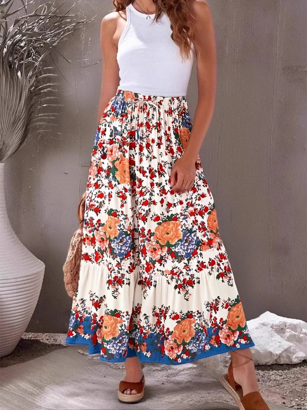 Wildflower Whimsy Floral Print Boho Maxi Skirt