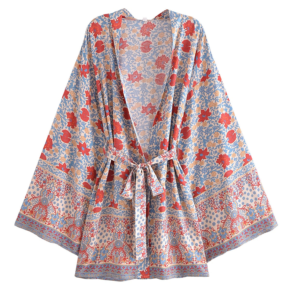 Tranquil Blue Boho Floral Print Short Robe
