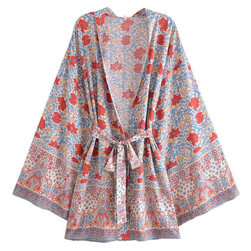 Tranquil Blue Boho Floral Print Short Robe