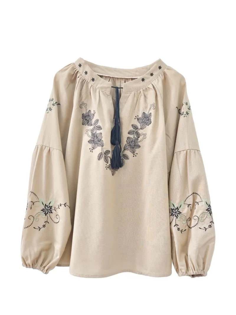 Beige Haven Floral Embroidered Long Sleeve Blouse
