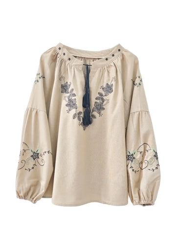 Beige Haven Floral Embroidered Long Sleeve Blouse