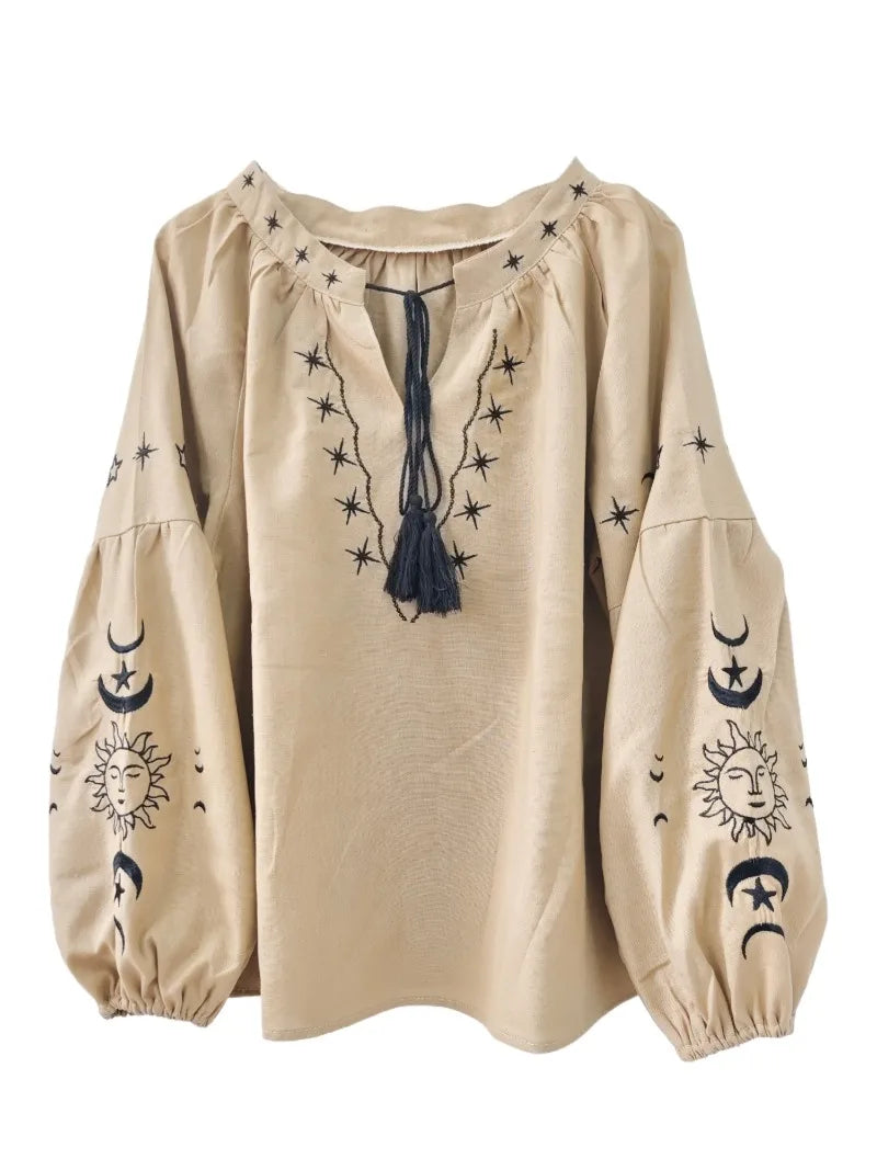 Moonstone Luna Sol Embroidered Long Sleeve Blouse