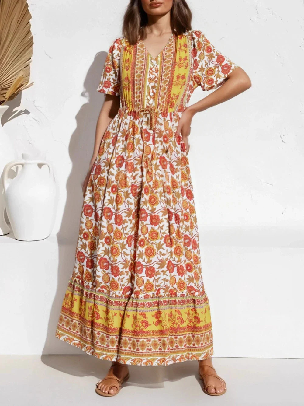 Marigold Orange Boho Floral Print Maxi Dress