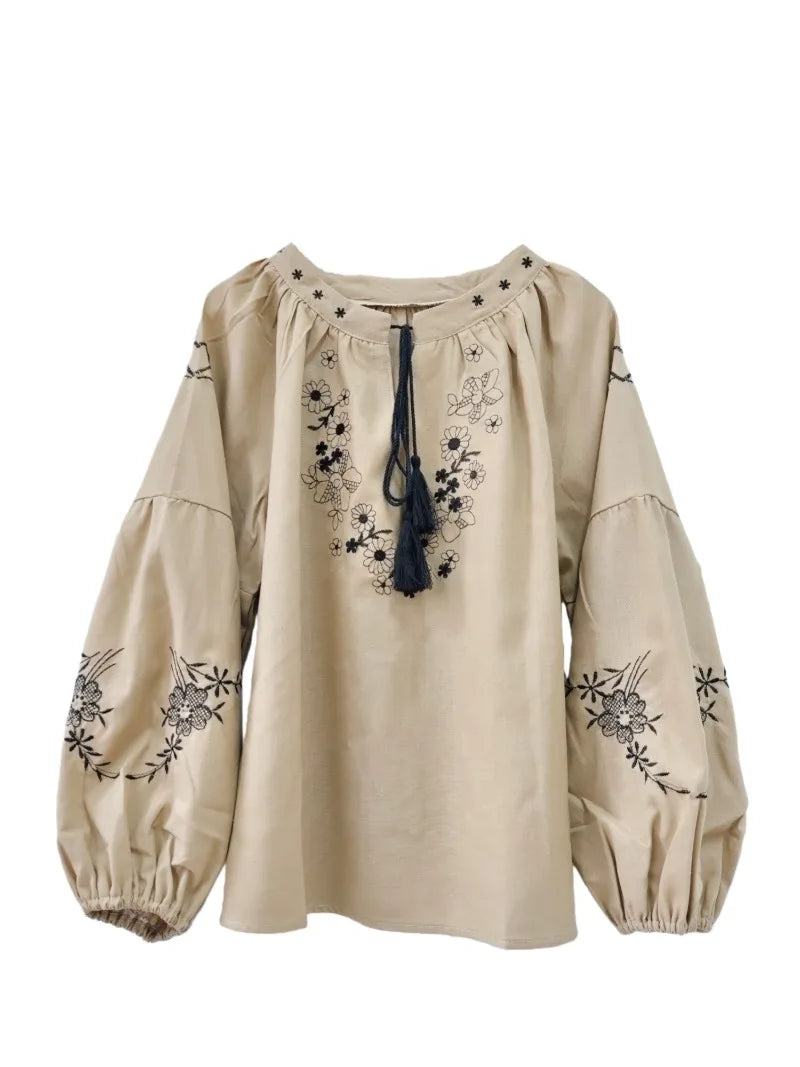 Beige Prairie Bloom Floral Embroidered Blouse
