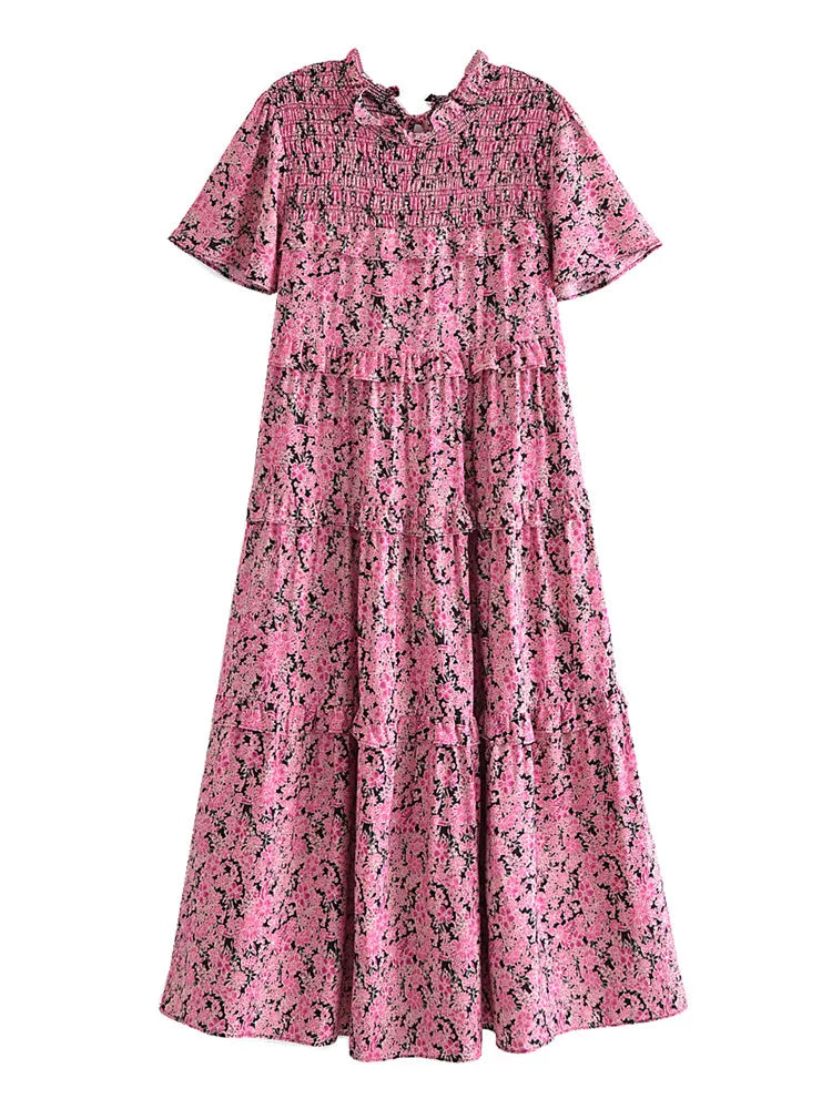 Rose Pink Boho Floral Print Midi Dress