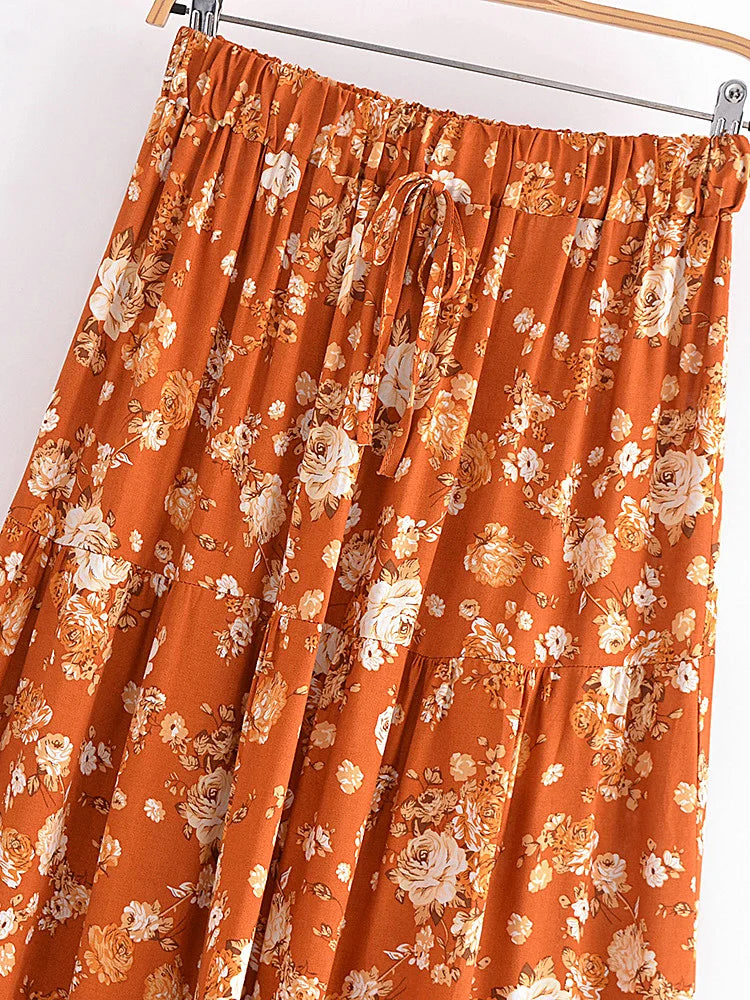 Amber Glow Floral Print Boho Maxi Skirt