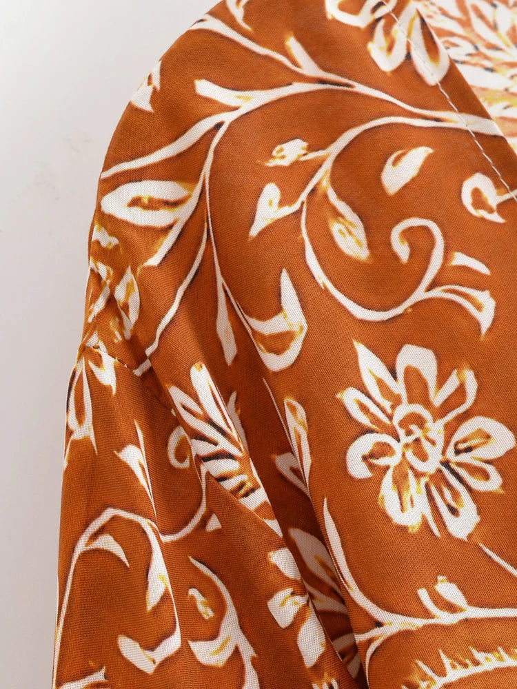 Burnt Sienna Boho Floral Print Long Sleeve Crop Top