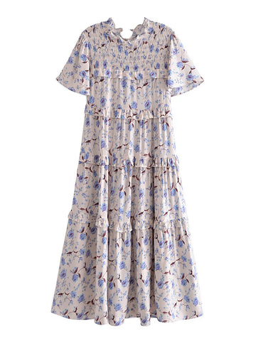 Prairie Blue Boho Floral Print Midi Dress