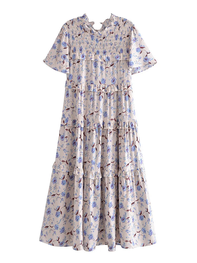 Prairie Blue Boho Floral Print Midi Dress