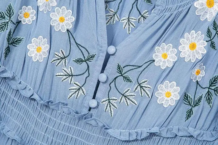 Blue Blossom Floral Embroidered Maxi Dress