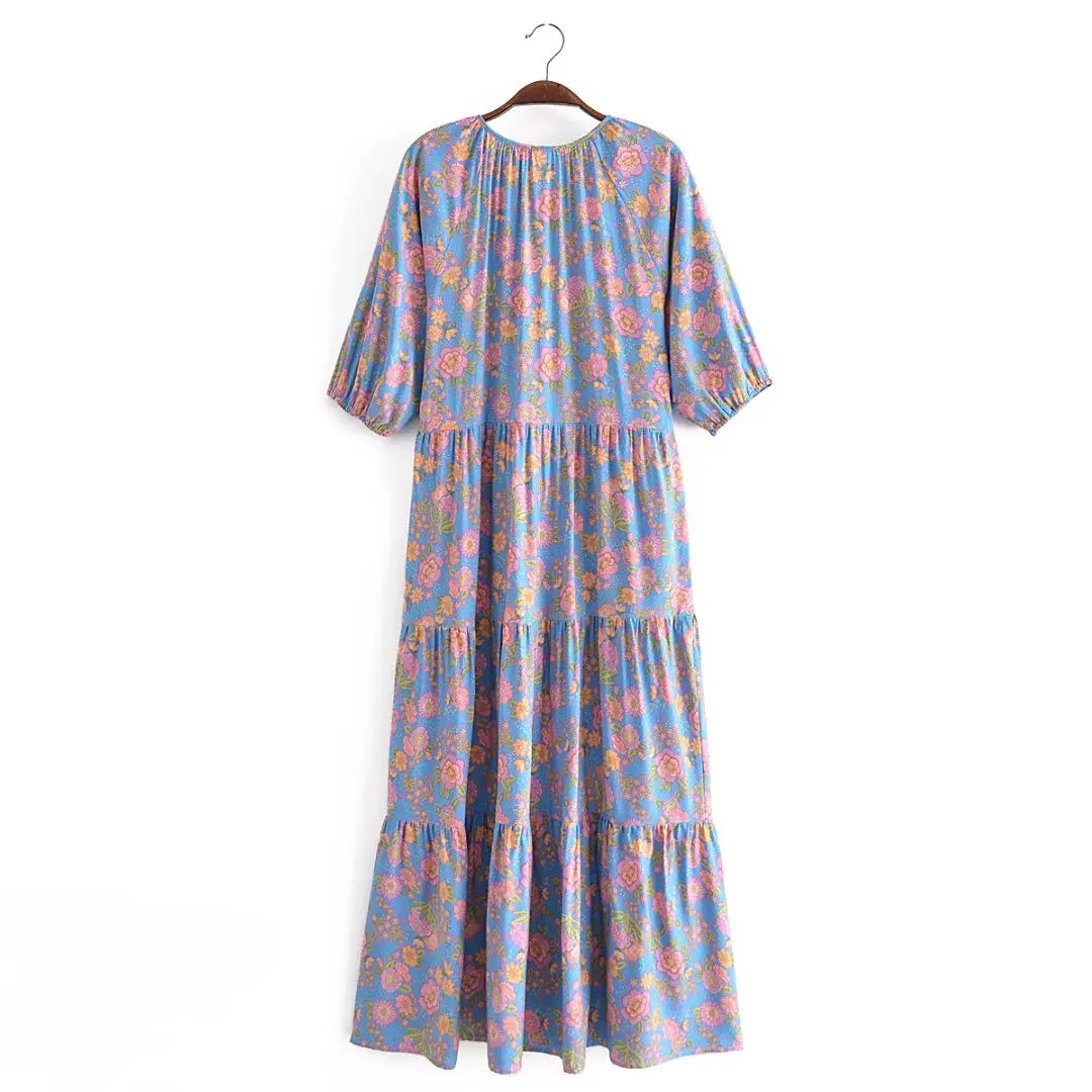 Blue Blossom Boho Floral Print Maxi Dress