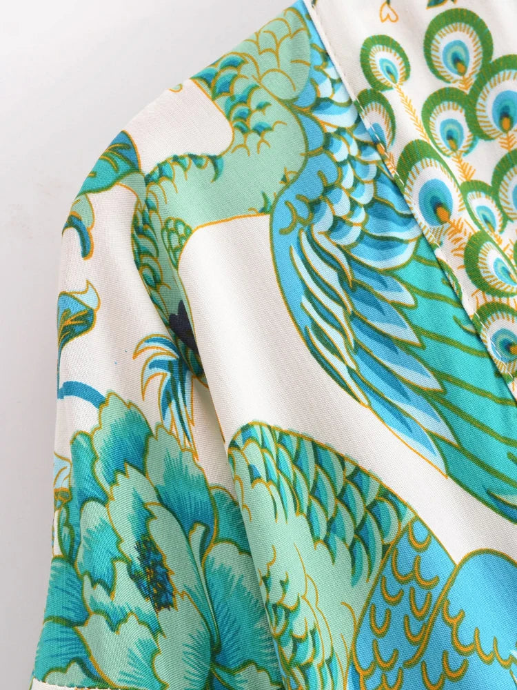 Emerald Peacock Boho Floral Print Crop Top