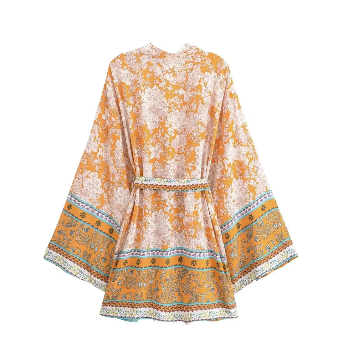 Saffron Bloom Boho Floral Print Short Robe